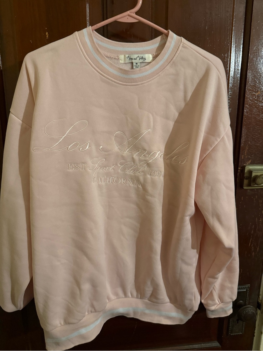 SHEIN Pale Pink Los Angeles Embroidered Crewneck Sweater